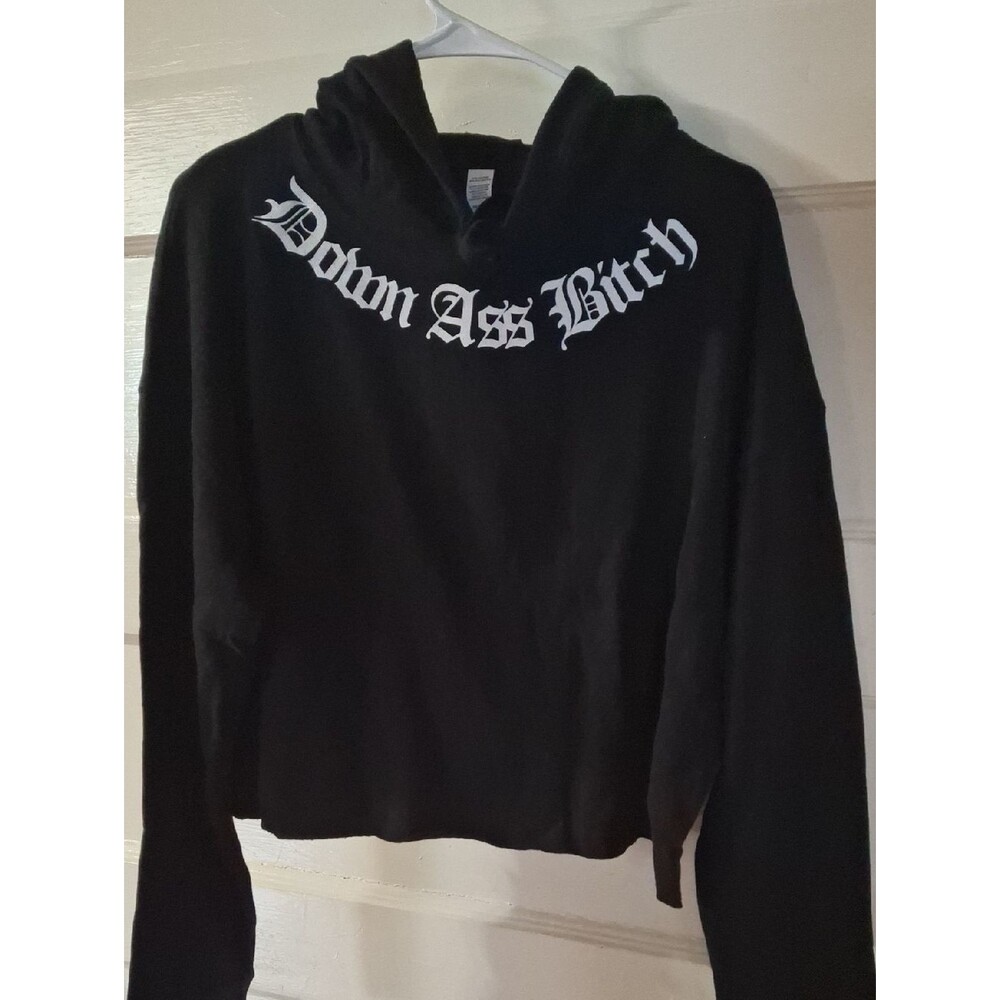 Women's Black Cropped Hoodie White Gothic Script, Down Ass B**ch, Tour Dates